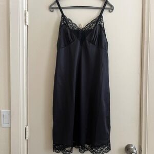 Vintage Babydoll Nylon Tricot Lace Slip Dress 36 Black USA Coquette Lingerie 90s